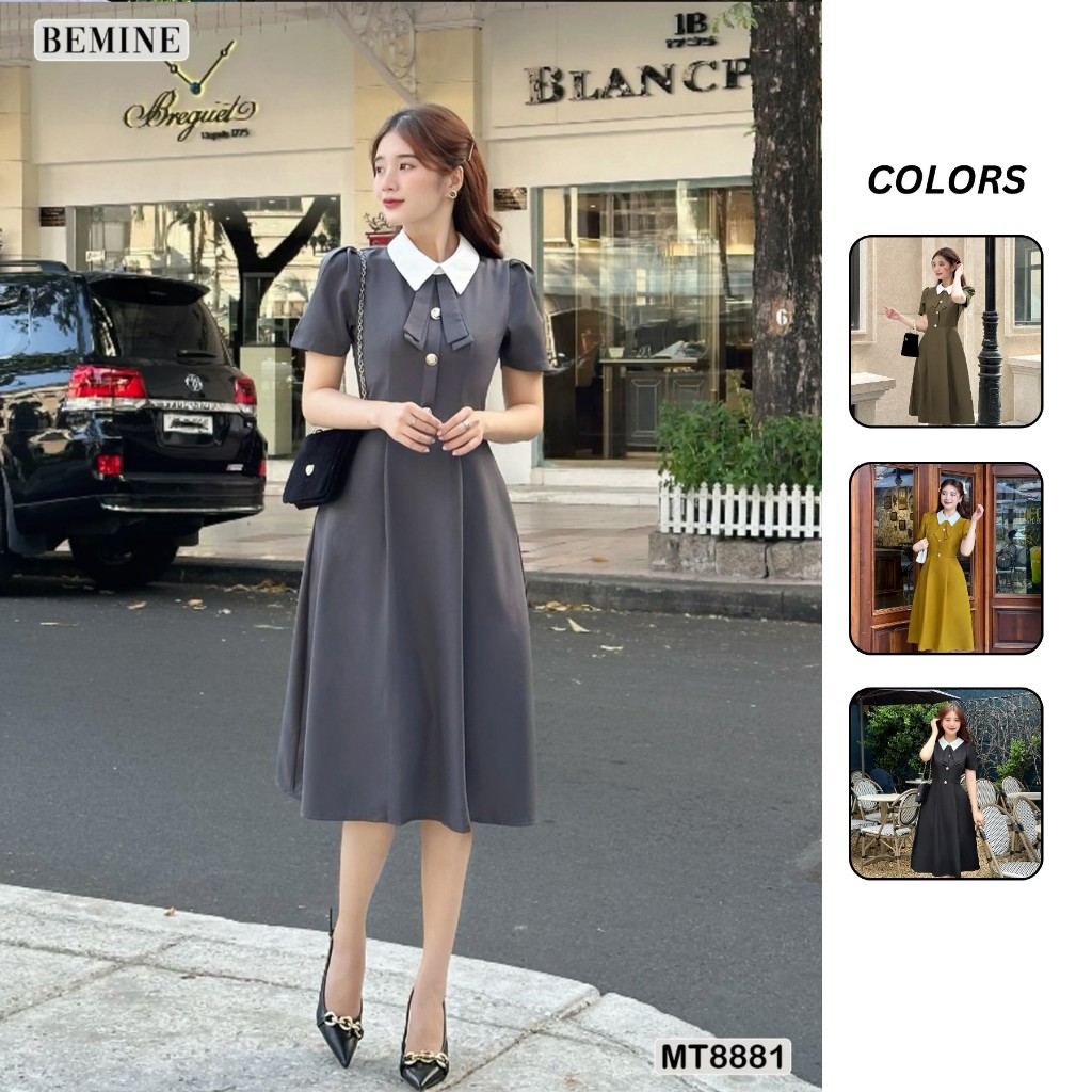 Bemine MT8881 เดรสดีไซน์ปกบัวผูกโบว์และแขนสั้นบาน