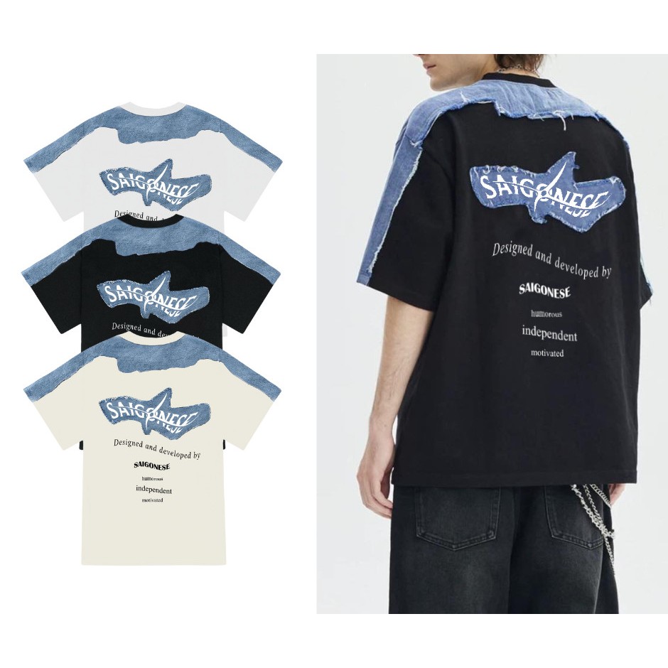 SAIGONESE เสื้อยืด unisex ผ้าฝ้ายกางเกงยีนส์ลาย Shuriken หลวมรูปแบบ Unisex ผู้ชายและผู้หญิง AT08SG