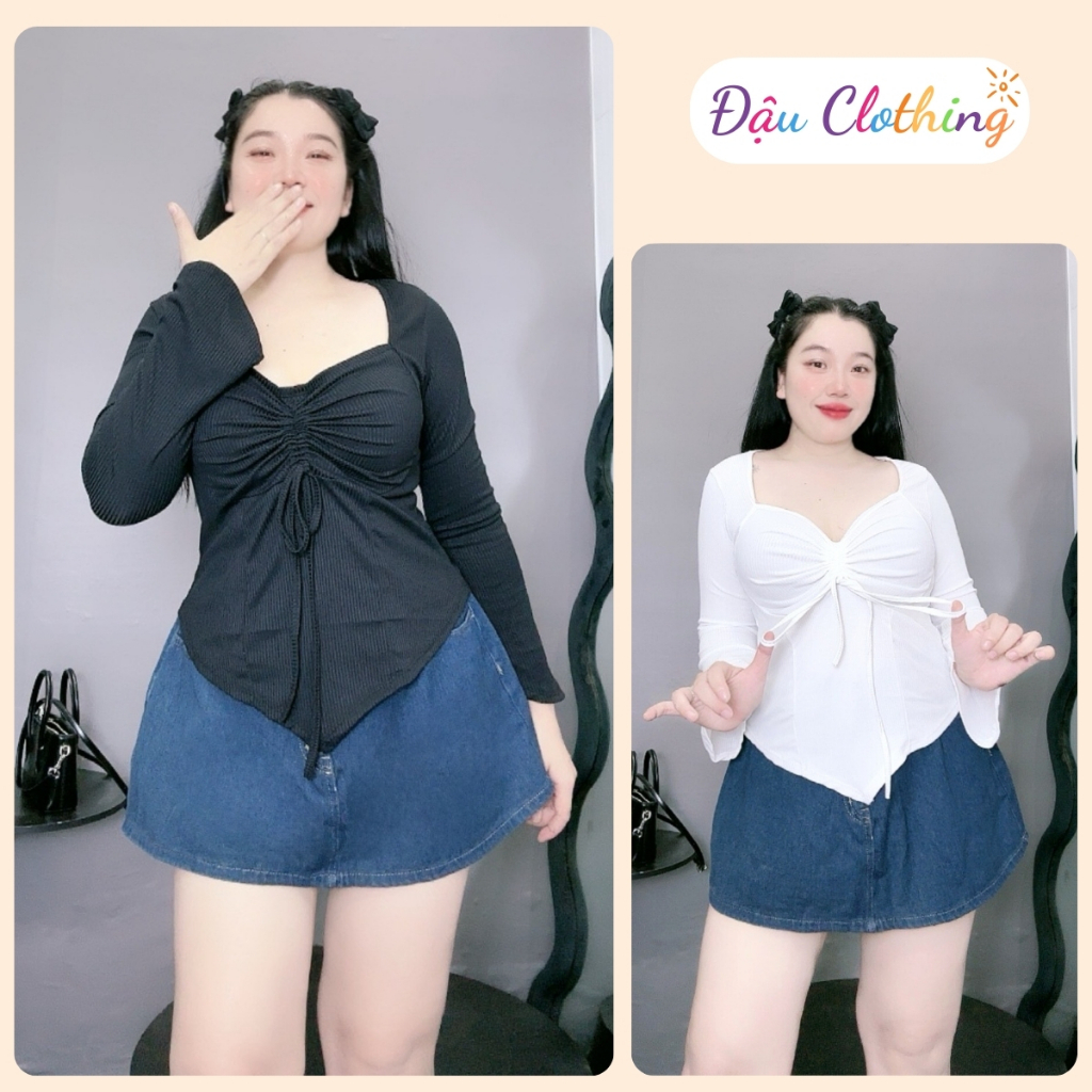 เสื้อท็อปคอเหลี่ยมแขนยาว Bigsize สําหรับผู้หญิงมีเชือกรูดผู้หญิงสําหรับสาวอวบ - G49