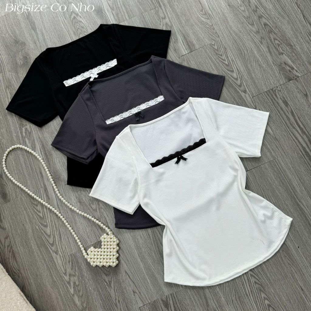 เสื้อยืดขนาดใหญ่แขนสั้นสแควร์คอปกลูกไม้ผ้าริบร่องนุ่มสบายน่ารักรูปร่าง ก173
