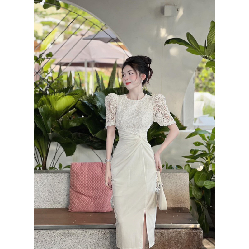 (New Model) เดรสลูกไม้สีขาวคุณภาพสูง รูปจริง โรงงานตัดเสื้อ