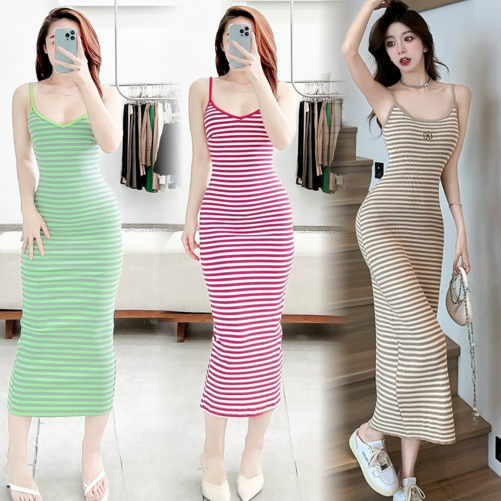 สวย ฮอทเกิร์ล เดรสบอดี้คอนเซ็กซี่/เดรสเข้ารูป/เดรสแม็กซี่ลายทางยาวเหมาะกับงานปาร์ตี้
