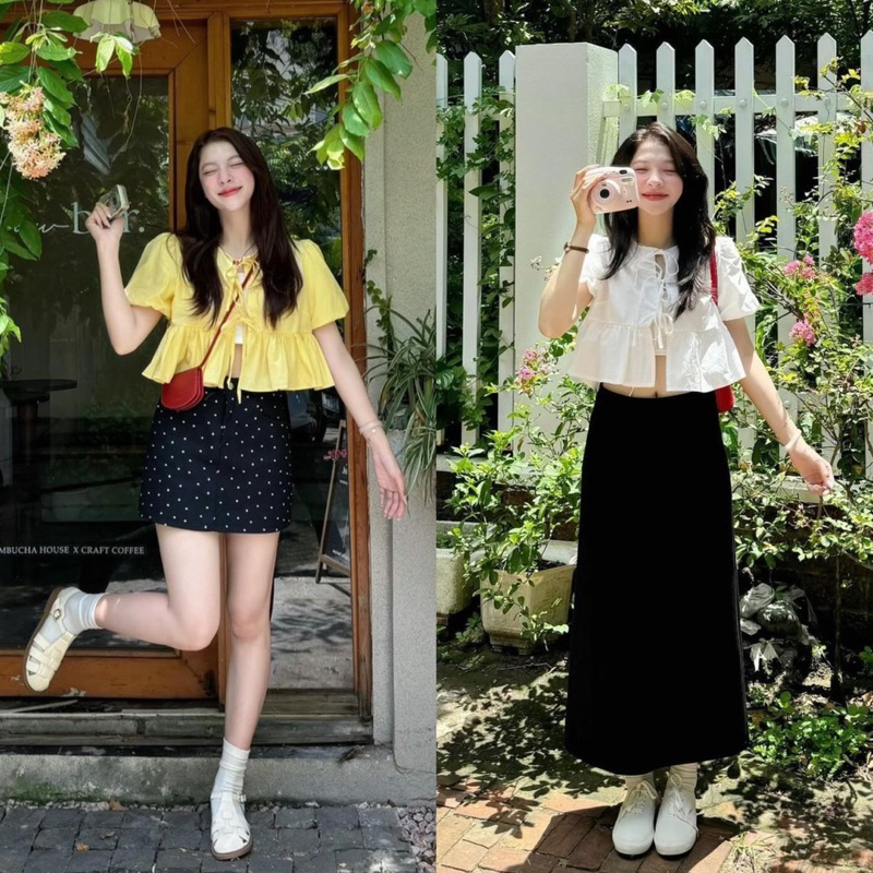 (COMES With A BRACELET) เสื้อครอปสั้น babydoll แขนพอง ผูกโบว์