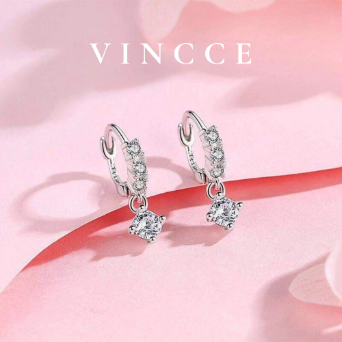 ต่างหูเงินผู้หญิง (1 คู่) S925 แบรนด์ VINCCE รอบฝังเพชรประกาย 1 ชิ้น KT49