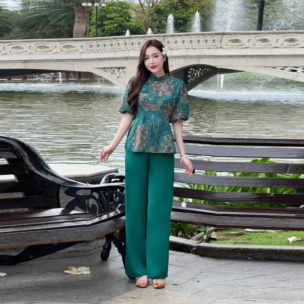 ชุดบาบาบาบา เสื้อบาบ้า กางเกงขากว้าง ชุดสีฟ้า กางเกงขายาว ไปวัด - cn168