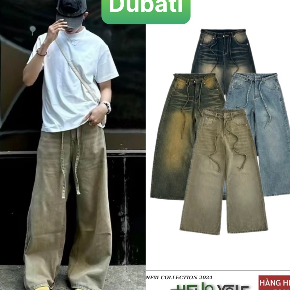 ใหม่คุณภาพสูงสไตล์ UNISEX WIDE-LET BAGGY JEANS WITH BELT สําหรับผู้ชายและผู้หญิง - DUBATI FASHION