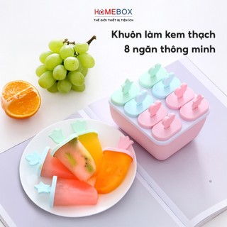 Khuôn Kem 8 Ngăn Có Hộp, Khay Làm Kem Que Thạch Pudding Hoa Quả Chất Liệu Nhựa PP An Toàn Dễ Sử Dụng