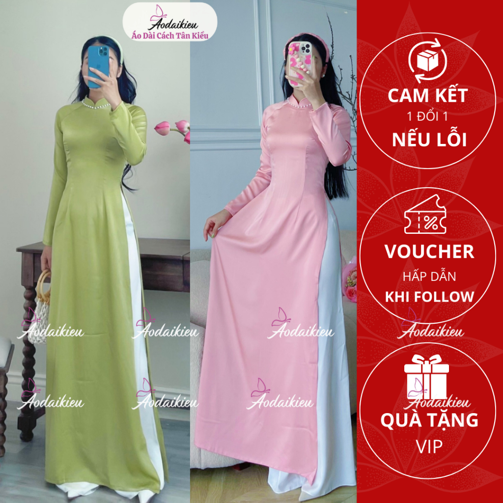 แบบดั้งเดิมธรรมดา Ao Dai พร้อมลูกปัดมุก, คอวี, ผ้าไหมอเมริกันแท้, แขนยาว 2 ชั้น A05 Modern Kieu Ao Dai