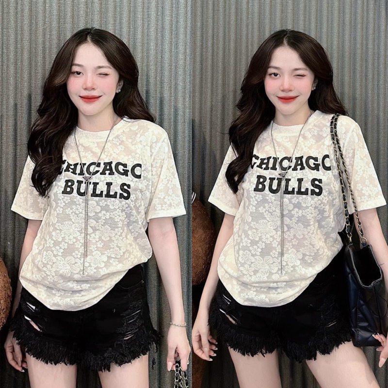เสื้อยืดผ้าลูกไม้ลายดอกไม้กลางนุ่มพิมพ์ลายตัวอักษร (ชิคาโก)