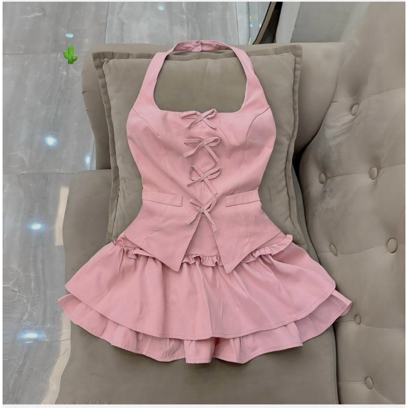 BOW BLOUSE AND LEVEL SKIRT SET (รูปถ่ายจริง + คลิปร้านค้า)