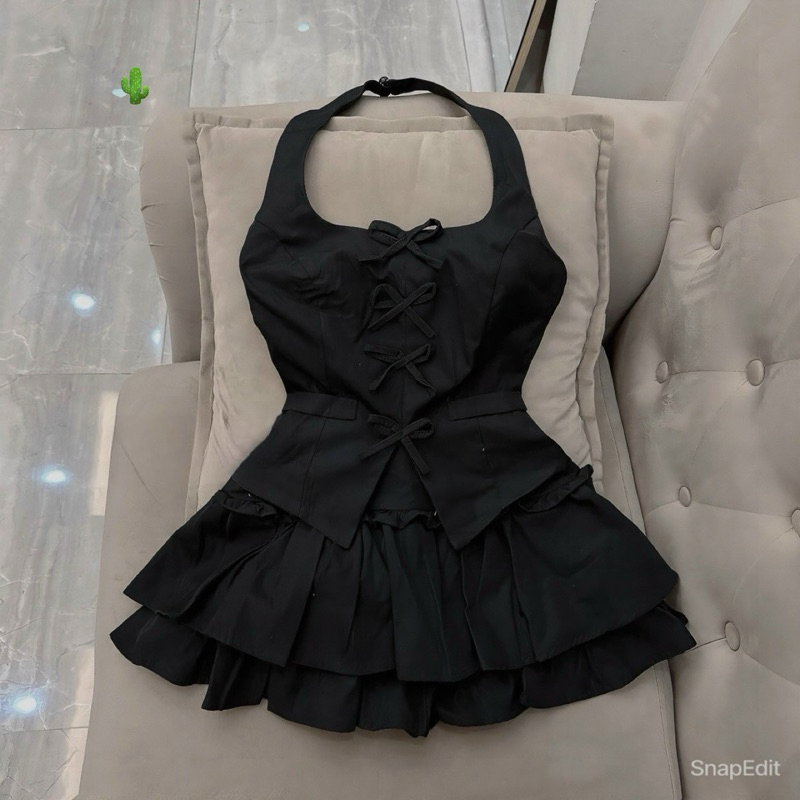 BOW BLOUSE AND LEVEL SKIRT SET (รูปถ่ายจริง + คลิปร้านค้า)