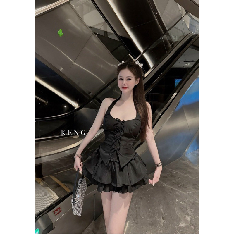 BOW BLOUSE AND LEVEL SKIRT SET (รูปถ่ายจริง + คลิปร้านค้า)