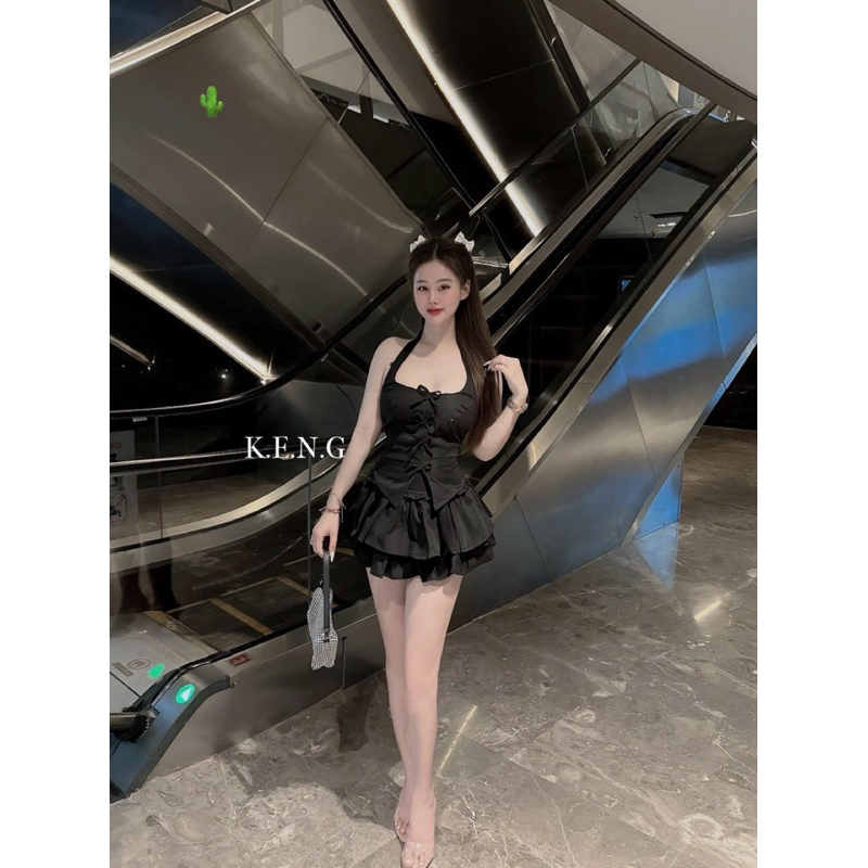 BOW BLOUSE AND LEVEL SKIRT SET (รูปถ่ายจริง + คลิปร้านค้า)