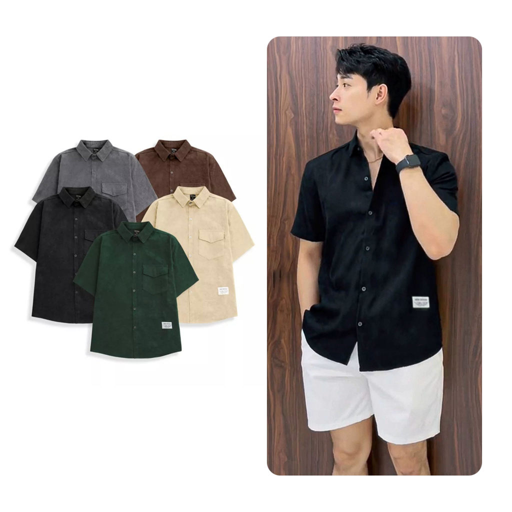 HALLEY A4 เสื้อเชิ้ตกํามะหยี่หลวมแขนสั้นสําหรับผู้ชายและผู้หญิง