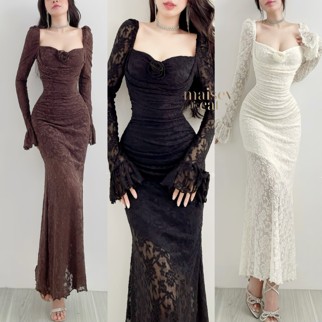 [MAISEY 1691] LONG BODY ชุดเดรสปาร์ตี้ผ้าลูกไม้ยางยืดเอวหยิก
