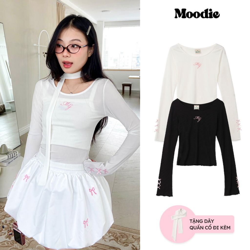 Moodie - โรซี่ท็อป | Mg เสื้อเชิ้ตแขนยาวปักลายคอเรือผ้ายืดหยุ่นสไตล์ Coquette