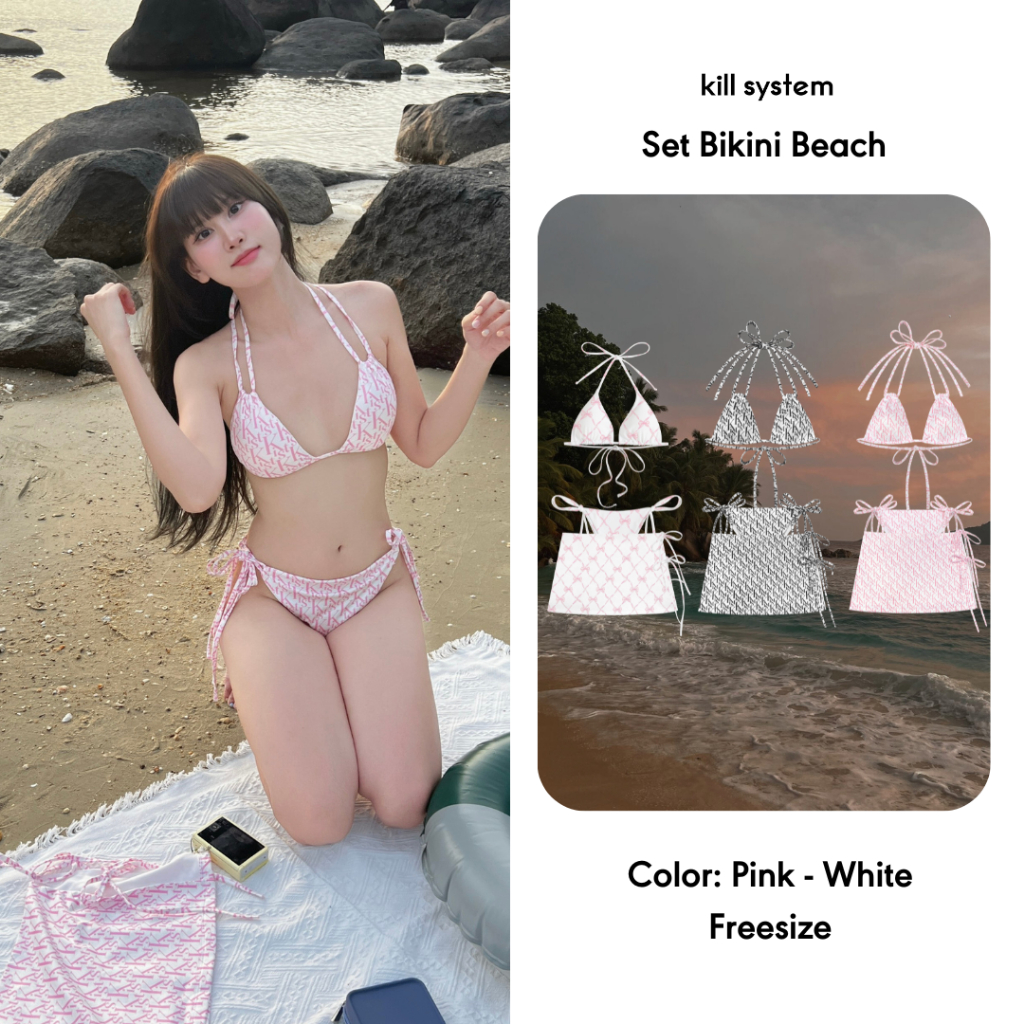 Killystem 3 ชิ้น Beach bkini Set ผูกโบว์ 2 ชิ้น ชุดพร้อมกระโปรง