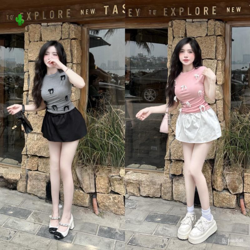 ชุดผู้หญิง ชุดเซ็ท เสื้อยืดผูกโบว์น่ารักกระโปรงไดนามิก