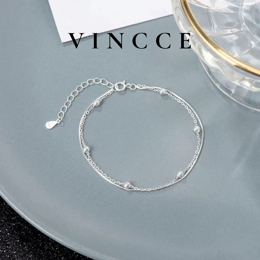 VINCCE ยี่ห้อ S925 สร้อยข้อมือเงินสําหรับผู้หญิงพร้อมโซ่บอลสองชั้น LT23