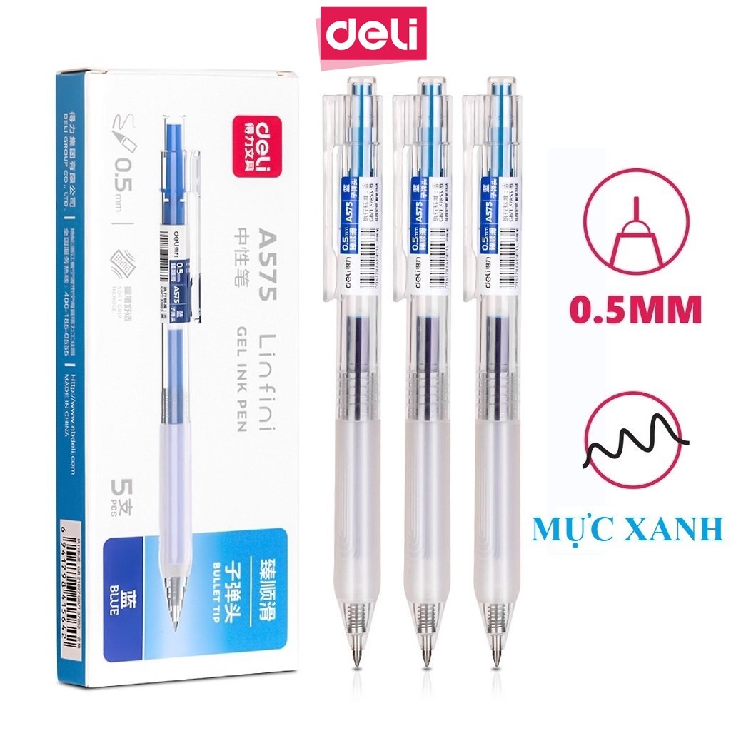 [Combo of 5] ปากกาเจลกดใส Deli A575 0.5 มม. / ปากกาเจล Deli พร้อมเปลือกใส