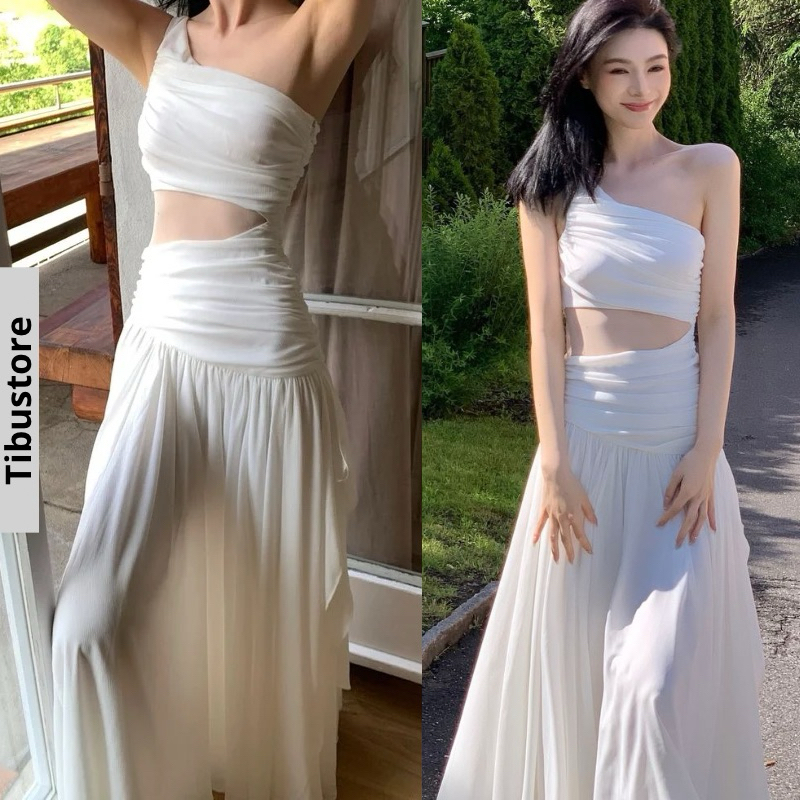 ชุดแม็กซี่เปิดไหล่แฟนซีเอวจีบ TIBU ชุดเดรสเข้ารูปเปลือยยาวของผู้หญิงที่แบนเป็นพิเศษชุดปาร์ตี้ชายหาดที่สง่างาม