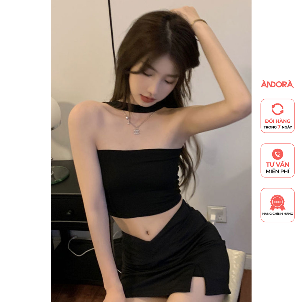 Andora เสื้อครอปคอปกเกาะอก (ไม่มีฟองน้ํา) ฟรีไซส์ โบรปผ้าฝ้าย100%จั๊มยางยืดทรงสั้น AC104