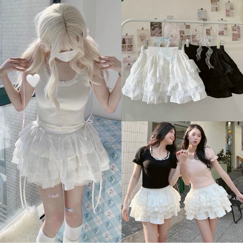 BEAUTIFUL 3-LAYER กระโปรงลูกไม้ป่องเอวยางยืดและกางเกงป้องกัน V3