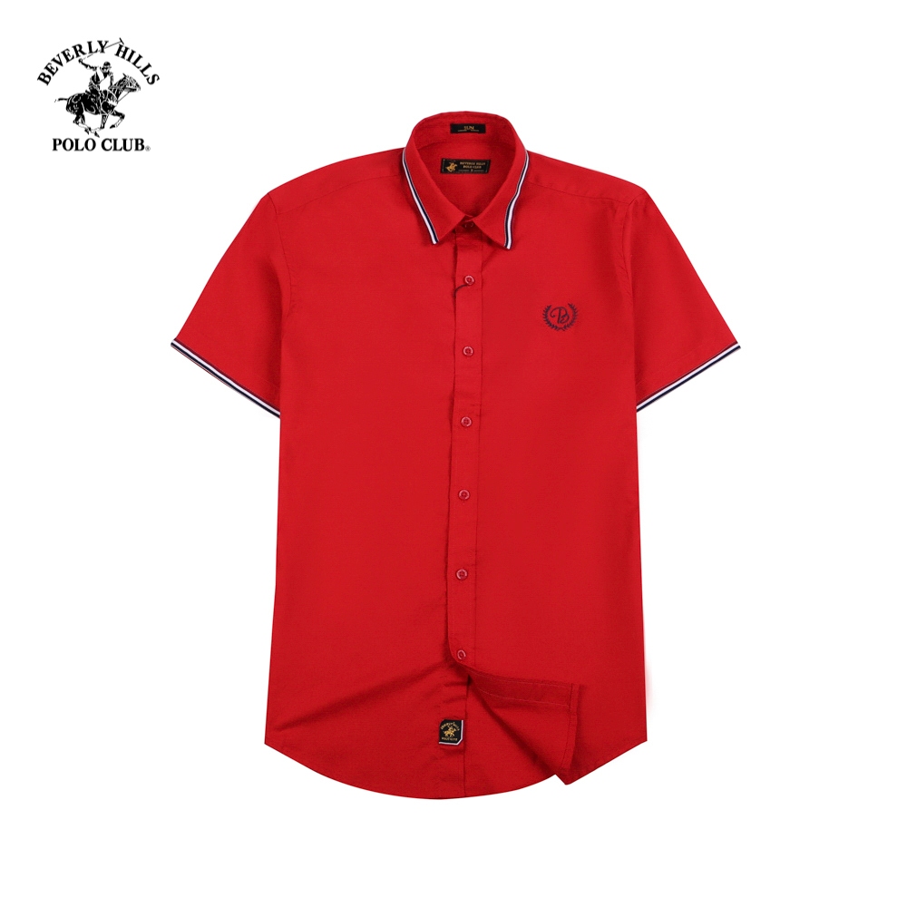 Beverly Hills Polo Club - เสื้อเชิ้ตแขนสั้นผู้ชายทรงสลิมฟิตไวน์แดง RW- BHPC CMSSS22TL006