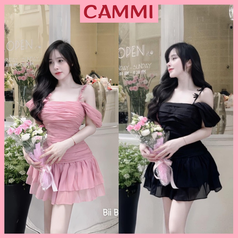 เดรสฤดูใบไม้ร่วง 2 สายและโบว์เปิดไหล่ทําจากผ้าไหมฟองน้ํากระโปรงชั้นทรงบาน (พร้อมกางเกงกันรอยถอดได้) HV240