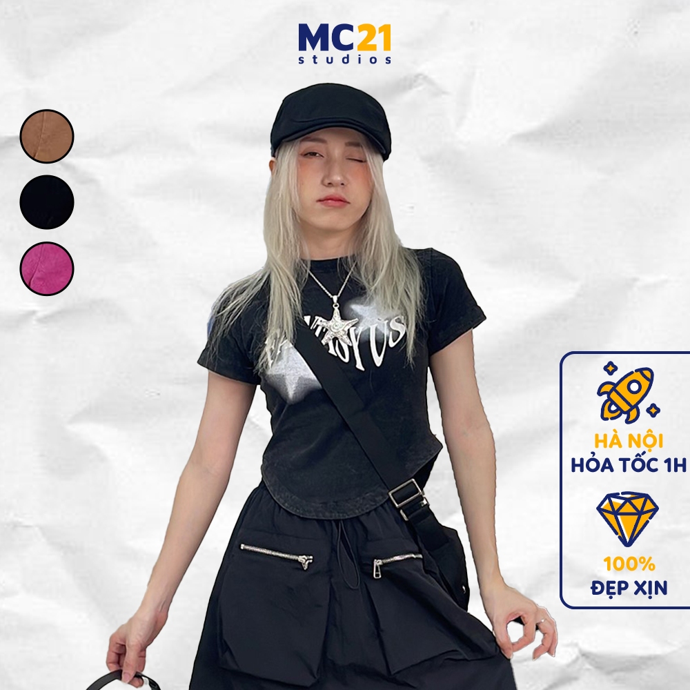 เสื้อยืดเด็กทารก MC21.สตูดิโอเสื้อครอปแขนสั้นเข้ารูป ออลจัง สตรีทแวร์ เสื้อยืดผู้หญิงเกาหลีที่มีผ้าย