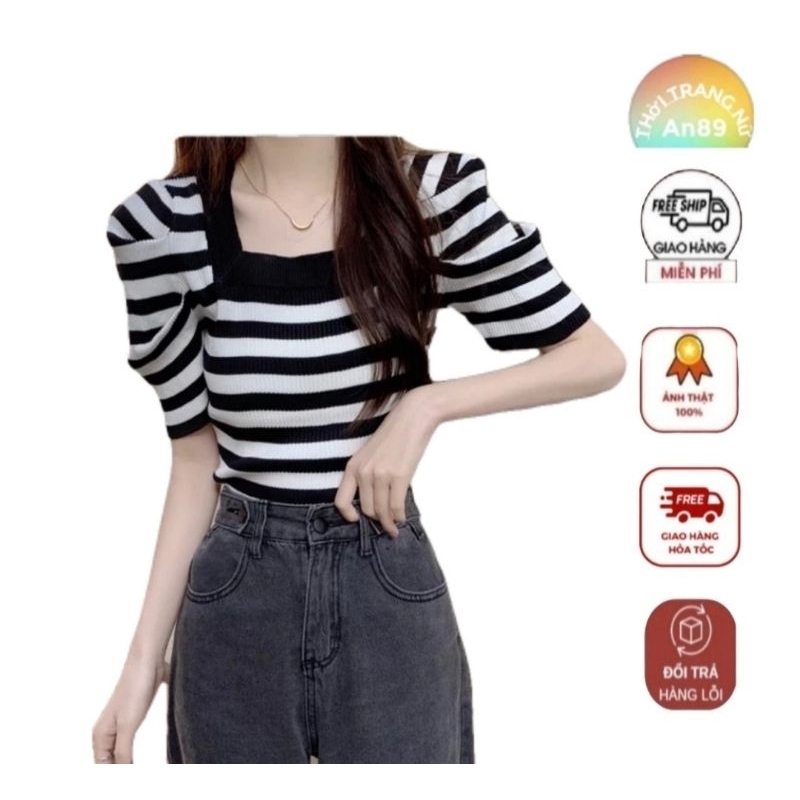 เสื้อสเวตเตอร์ผู้หญิงคอเหลี่ยมและแขนพัฟแฟชั่น Hottrend ภายใต้ 56Kg Shop_an89