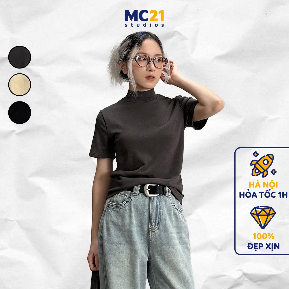 เสื้อยืดเด็กทารก MC21.สตูดิโอเสื้อครอปแขนสั้นเข้ารูป ออลจัง สตรีทแวร์ เสื้อยืดผู้หญิงเกาหลีผ้ายืดหยุ