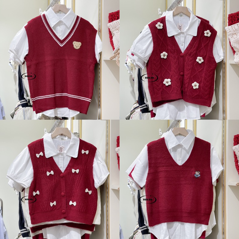 | HCM HCM HCM | เสื้อกั๊กไหมพรมสีแดงอินเทรนด์หลายลาย /