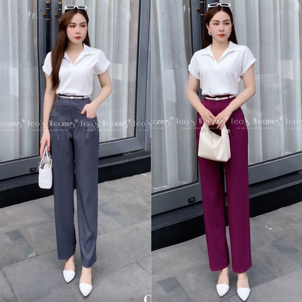 Set เสื้อคอปกโปโลสีขาวและกางเกงขายาว LEOWEARING C743 C744