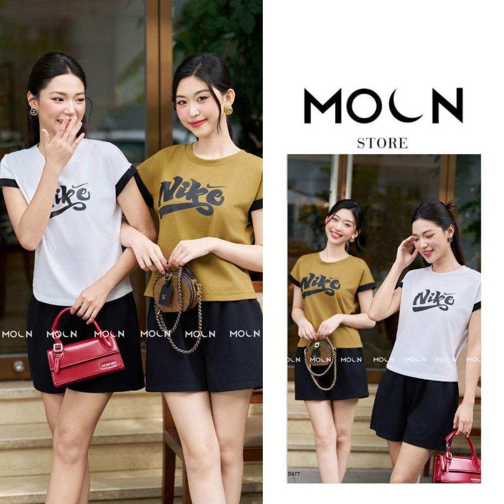 ชุดเสื้อยืดลายแขนสั้นผู้หญิงผ้าคอตตอนยืด 4 ทาง ผสมกางเกงขาสั้นสุดหรู MSB477 ดวงจันทร์