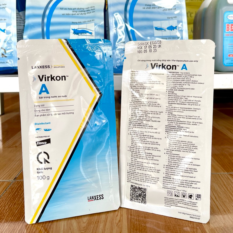 Virkon A Elanco 100g แพ็คเกจสะดวก รักษาและสิ่งแวดล้อมน้ําสําหรับการทําฟาร์มกุ้งและปลา