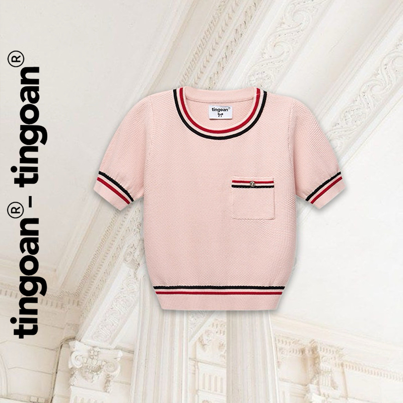 Tingaoan - เสื้อสเวตเตอร์จับจีบคอกลมและกระเป๋าหน้าอก ทรงยาวปานกลาง 2 เส้น ขอบสีชมพู MIMI TOP/PK LATEST VERSION มิถุนายน 2024