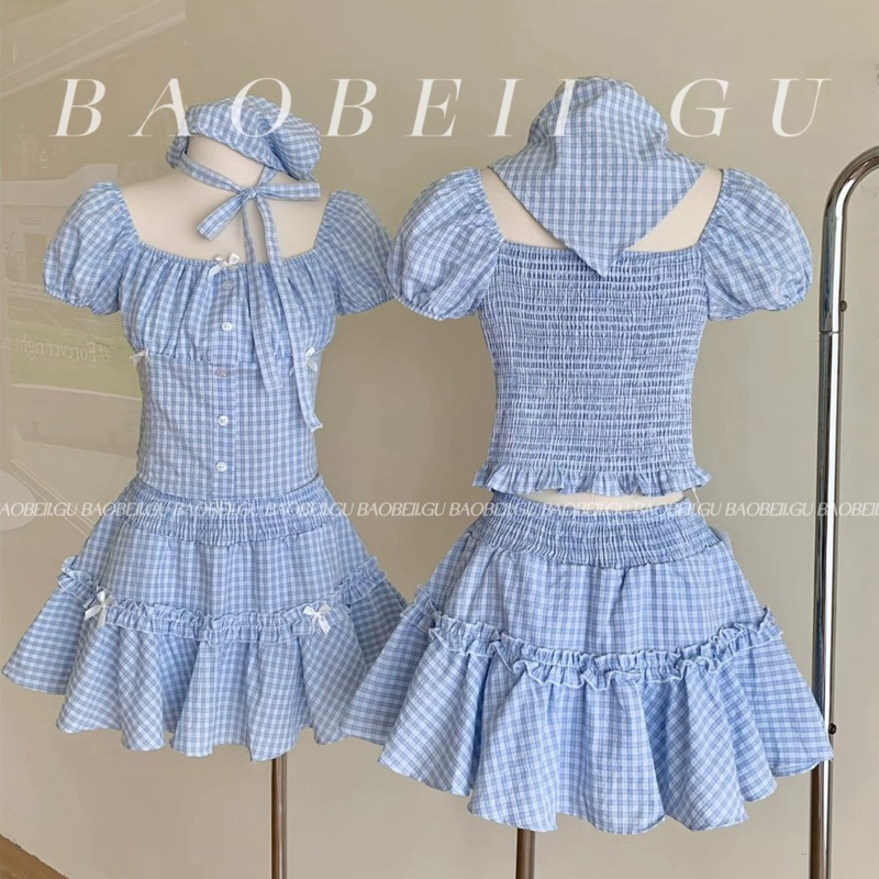 |Baobeii.gu| ลูกอม เซ็ทสามชิ้นพร้อมเสื้อครอปติดโบว์และกระโปรงบาน-มีไซส์ใหญ่