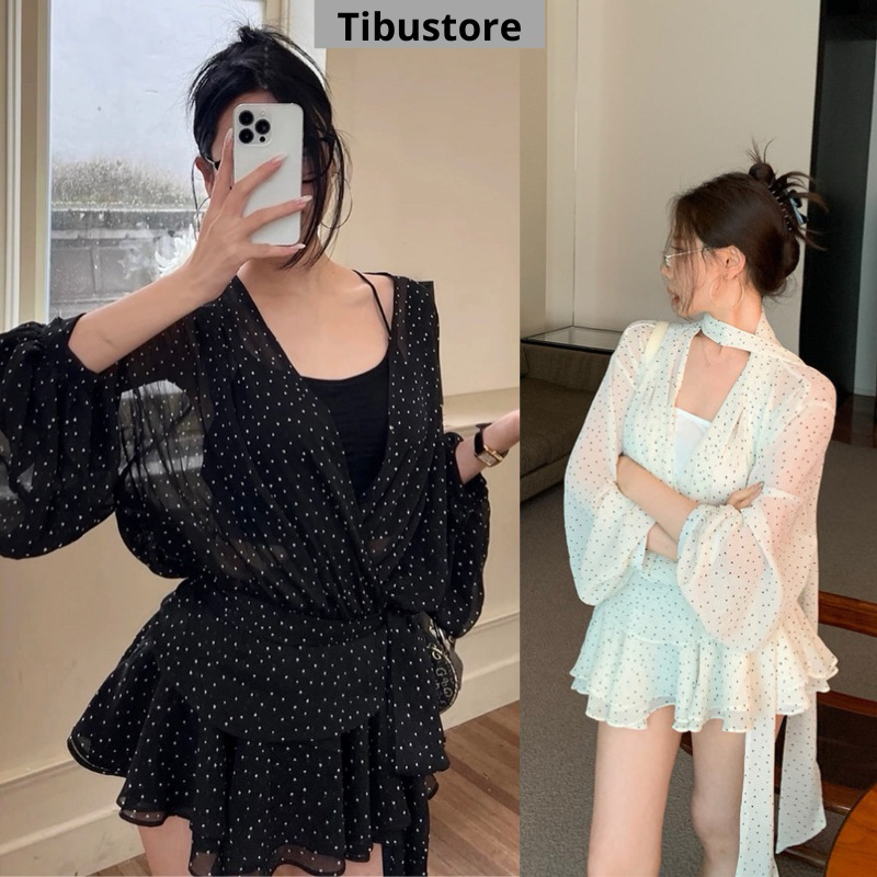 Set เดรสเชิ้ตลายจุดพร้อมสร้อยคอทรงหางปลาบาน (พร้อมเสื้อยืด) TIBU Set ชุดผู้หญิงสําหรับหรูหราและเซ็กซี่ออกไปข้างนอก