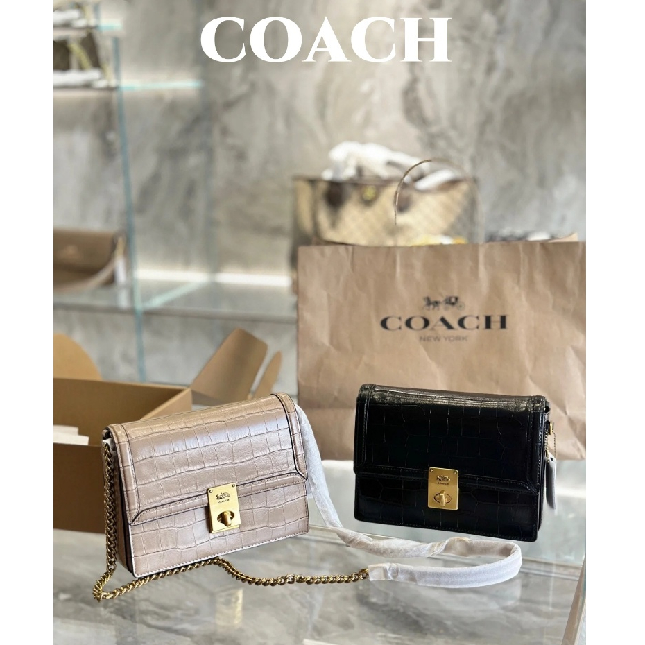 COACH ใหม่ Hutton CN060 พรีเมี่ยมจระเข้สีดำผูกโซ่กระเป๋า