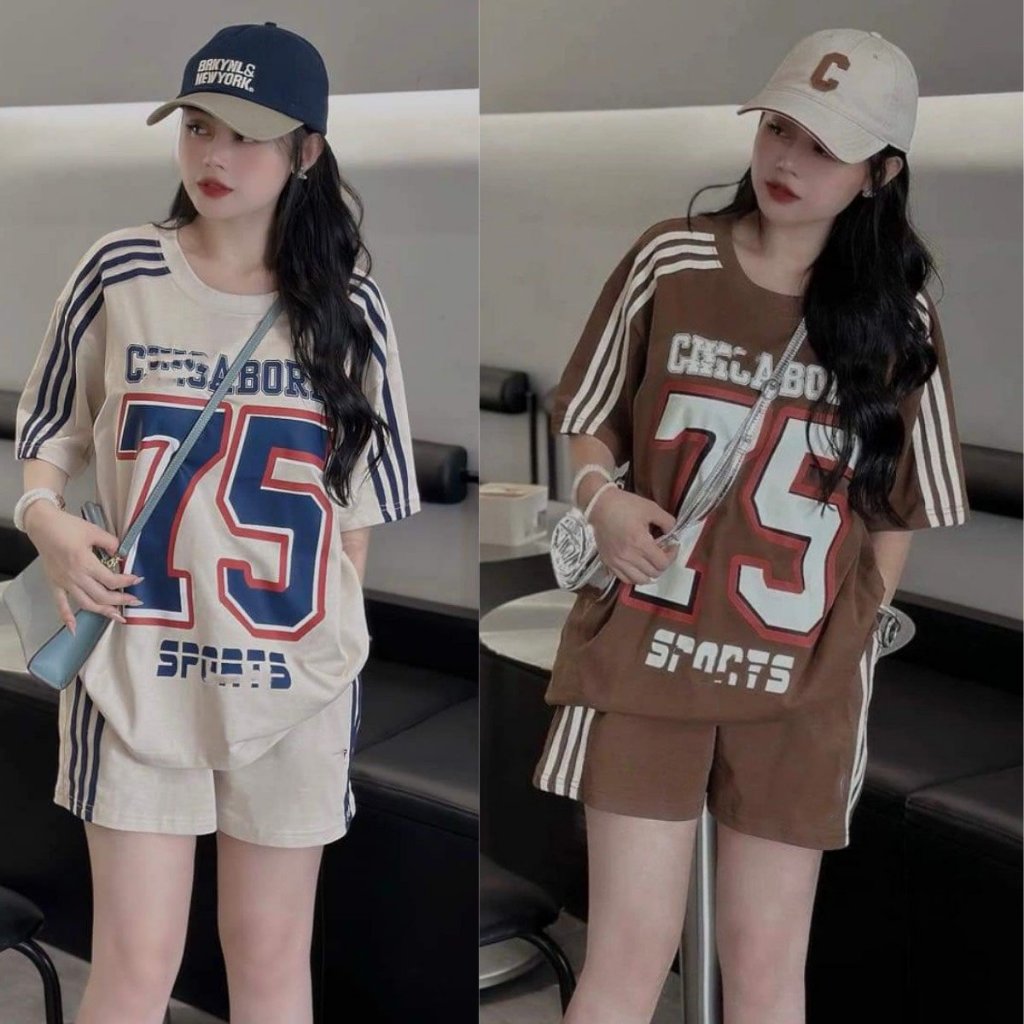 ชุดกีฬาสตรีทรงหลวมกางเกงขาสั้นผ้าฝ้ายและเสื้อยืดชุดใส่อยู่บ้านฤดูร้อนพิมพ์ลาย75