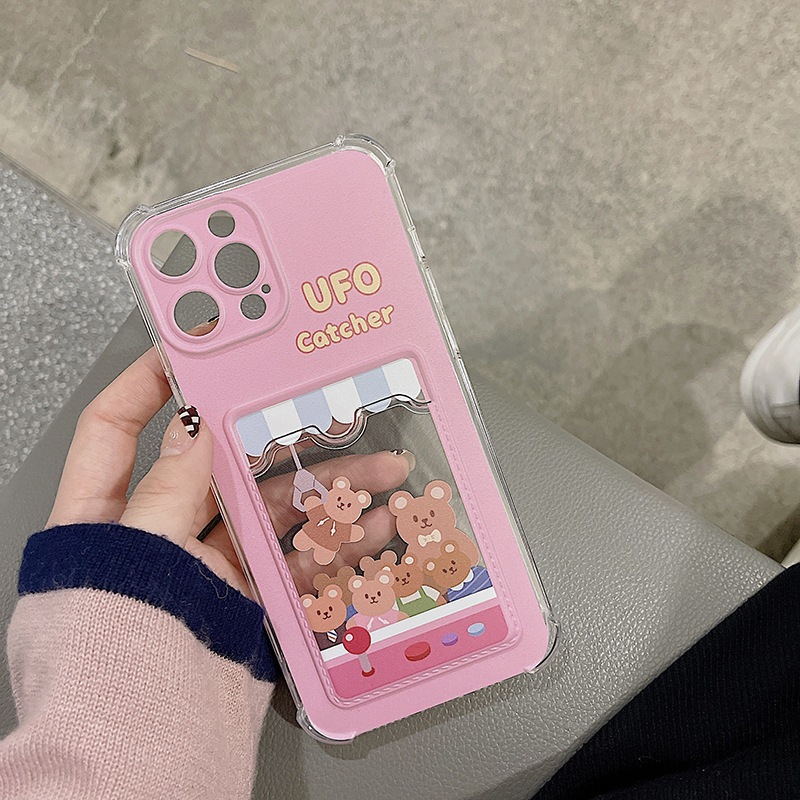 IPhone Case กระเป๋าสตางค์ใส UFO หมีสีน้ําตาลพื้นหลังสีชมพูสําหรับ Iphone 6/6s/7/8/x/xr/xs/11/12/13/1