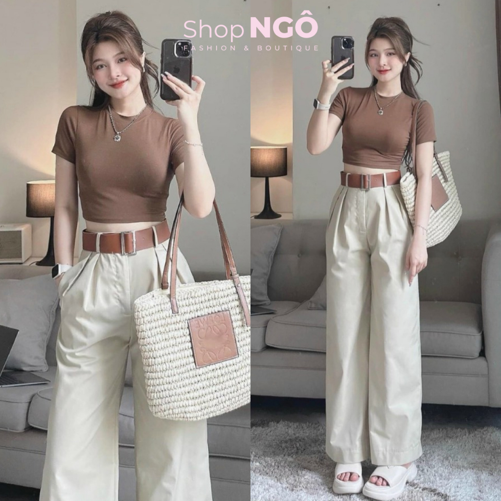 แฟชั่นผู้หญิง ชุดเข้าเซท เสื้อครอปสีน้ําตาล กางเกงสีกากี มีเข็มขัดพื้นฐาน หญิงสาว ไปโรงเรียน หรือทํางาน