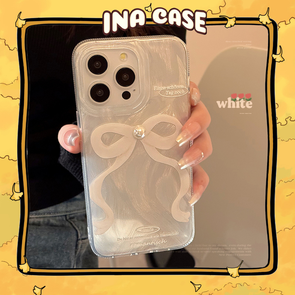 เคส iphone สีเงินลูกปัดโบว์สีขาว 17promax/ 17pro/ 17air/ 17/ 16promax/ 16pro/ 16plus/ 16/ 15promax/ 