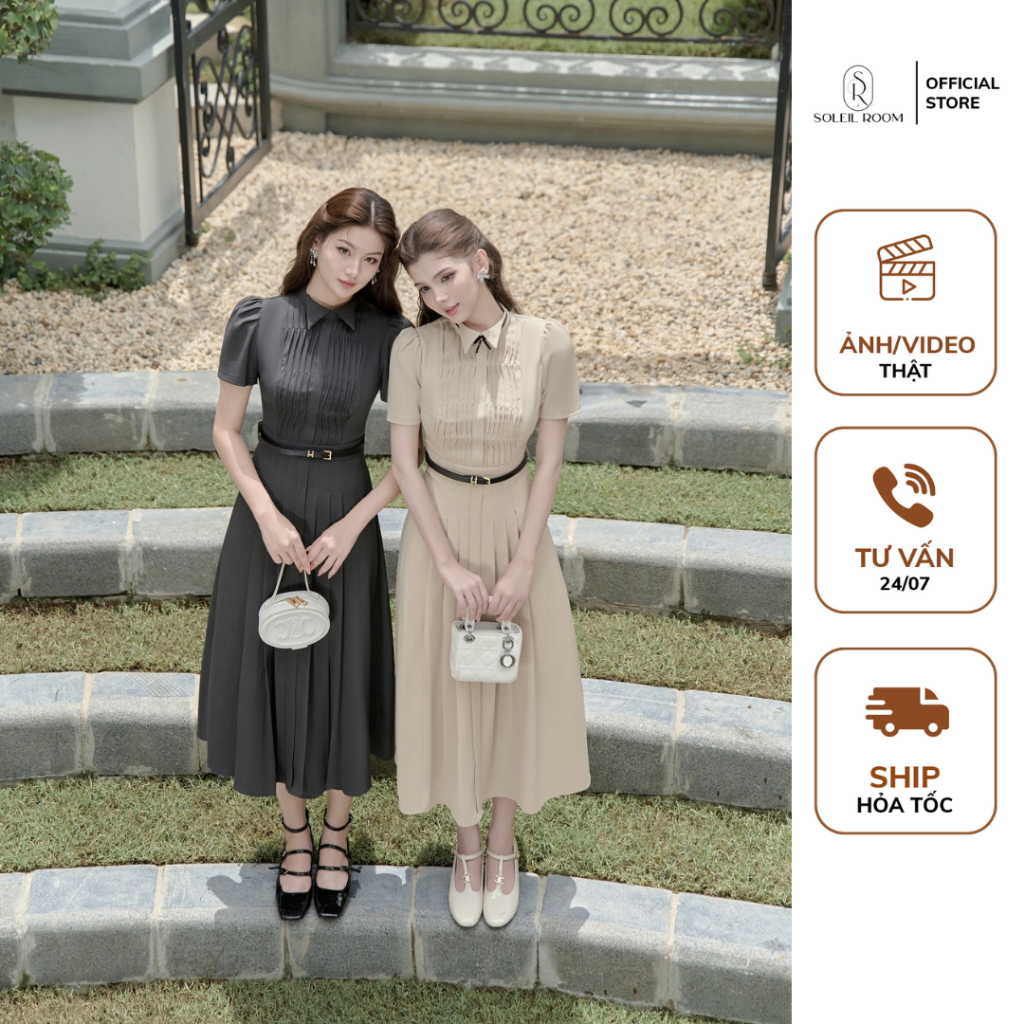 ชุดเดรส Tochie ผู้หญิงชุดเดรสเข้ารูปจีบยาวสีเบจและสีเทา Elegant Office Soleil (รวมเข็มขัดสุ่ม)