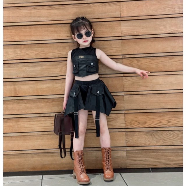 (READY) (DESIGNER) ชุดตาข่ายพร้อมกางเกงหนังและกระโปรงเทียมสําหรับเด็กผู้หญิง 7-40kg