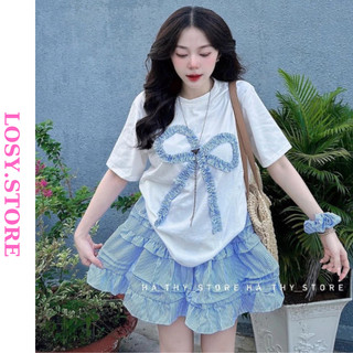 Sét Đồ Nữ Áo Phông Đính Nơ Bản To Mix Chân Váy Xoè Tầng Tặng Kèm Cột Tóc Siêu Xinh LOSY.STORE
