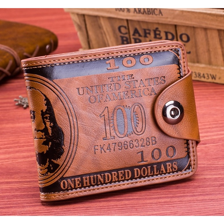 กระเป๋าสตางค์หนังลายนูนผู้ชาย 100 usd - หนัง PU - มีกระดุม - DDN003a
