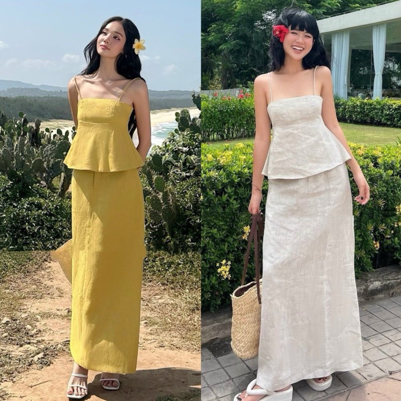 Solid LINEN CREAM 2-Strap DRESS SET + MIDI CREAM STRAIGHT SKIRT
