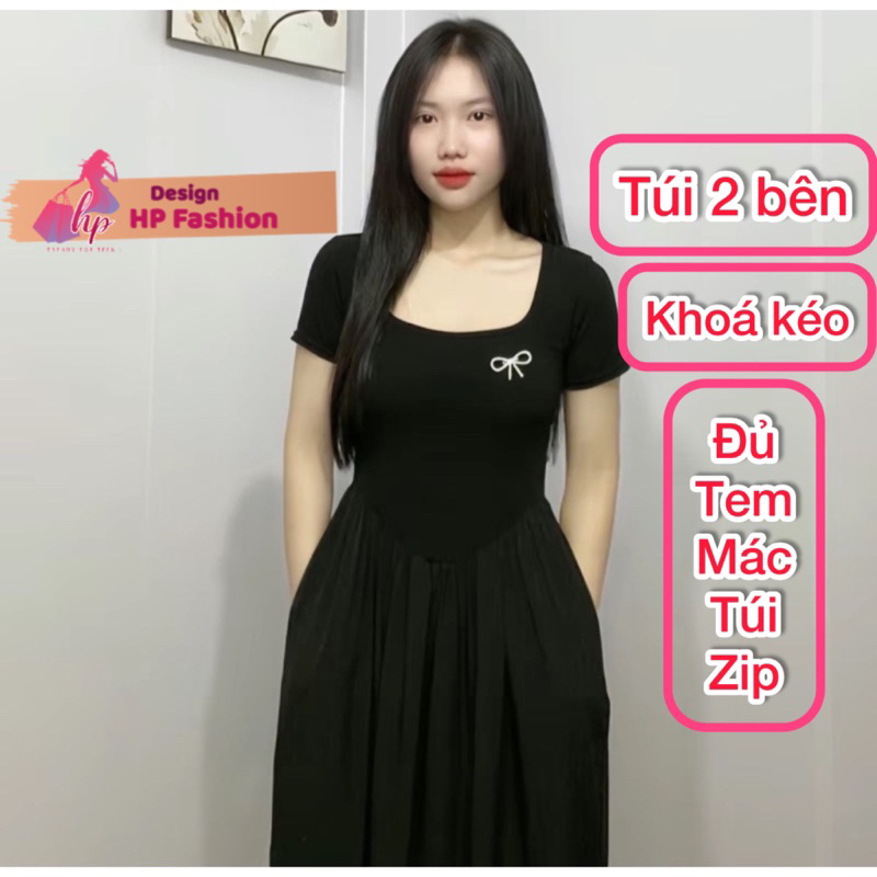 แม็กซี่เดรสคอเหลี่ยมแขนสั้นแขนยาวเดรสสไตล์หญิงบานสีดํา ก808